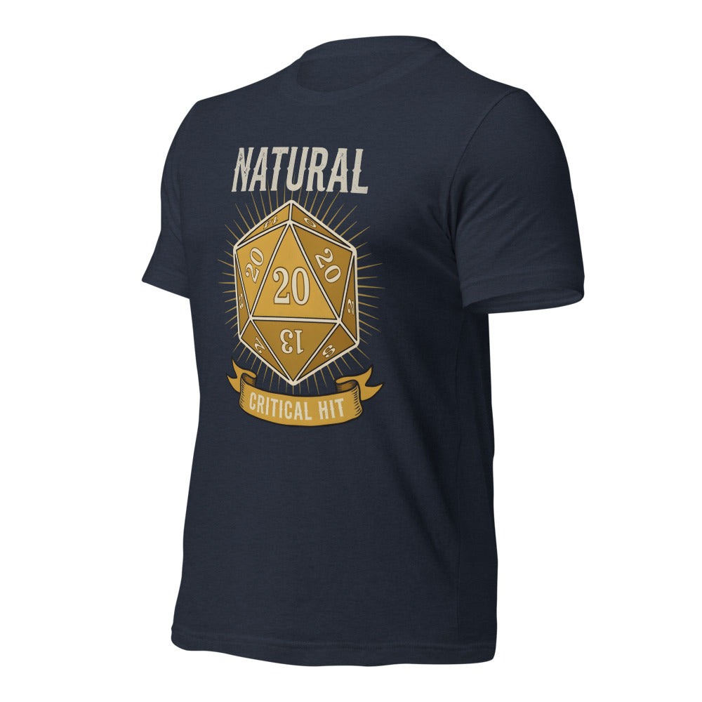 Natural 20 critical hit d20 tabletop RPG tee — Heather Navy, front-right
