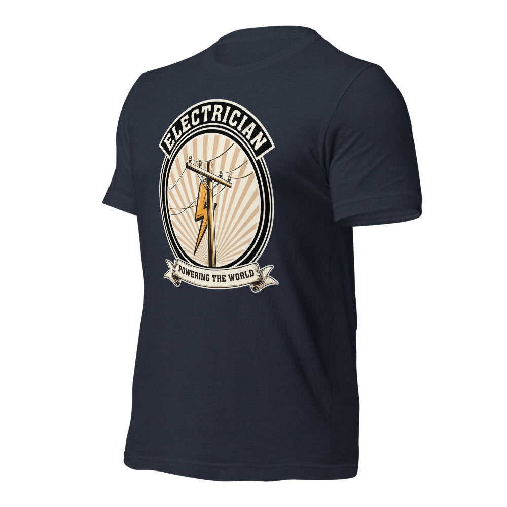 Powering The World electrician emblem tee — Heather Navy, front-right