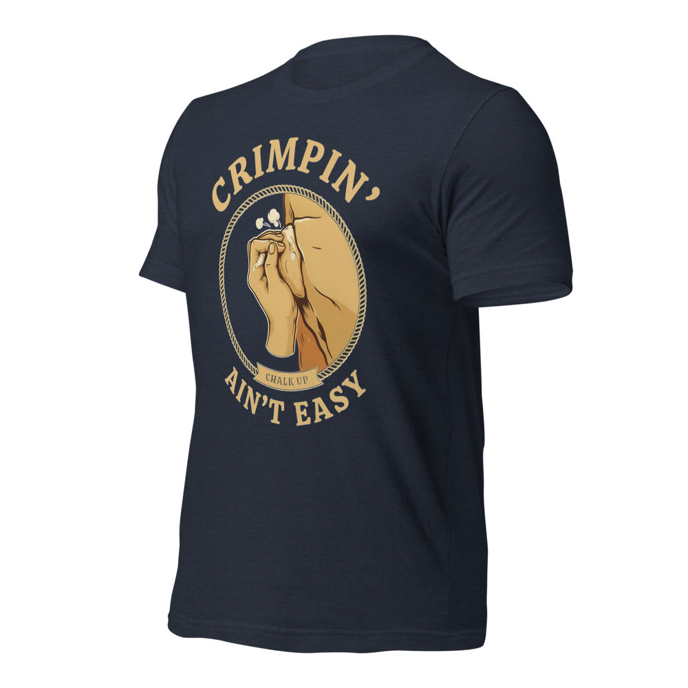 Crimpin' Ain't Easy bouldering badge t-shirt — Heather Navy, front-right