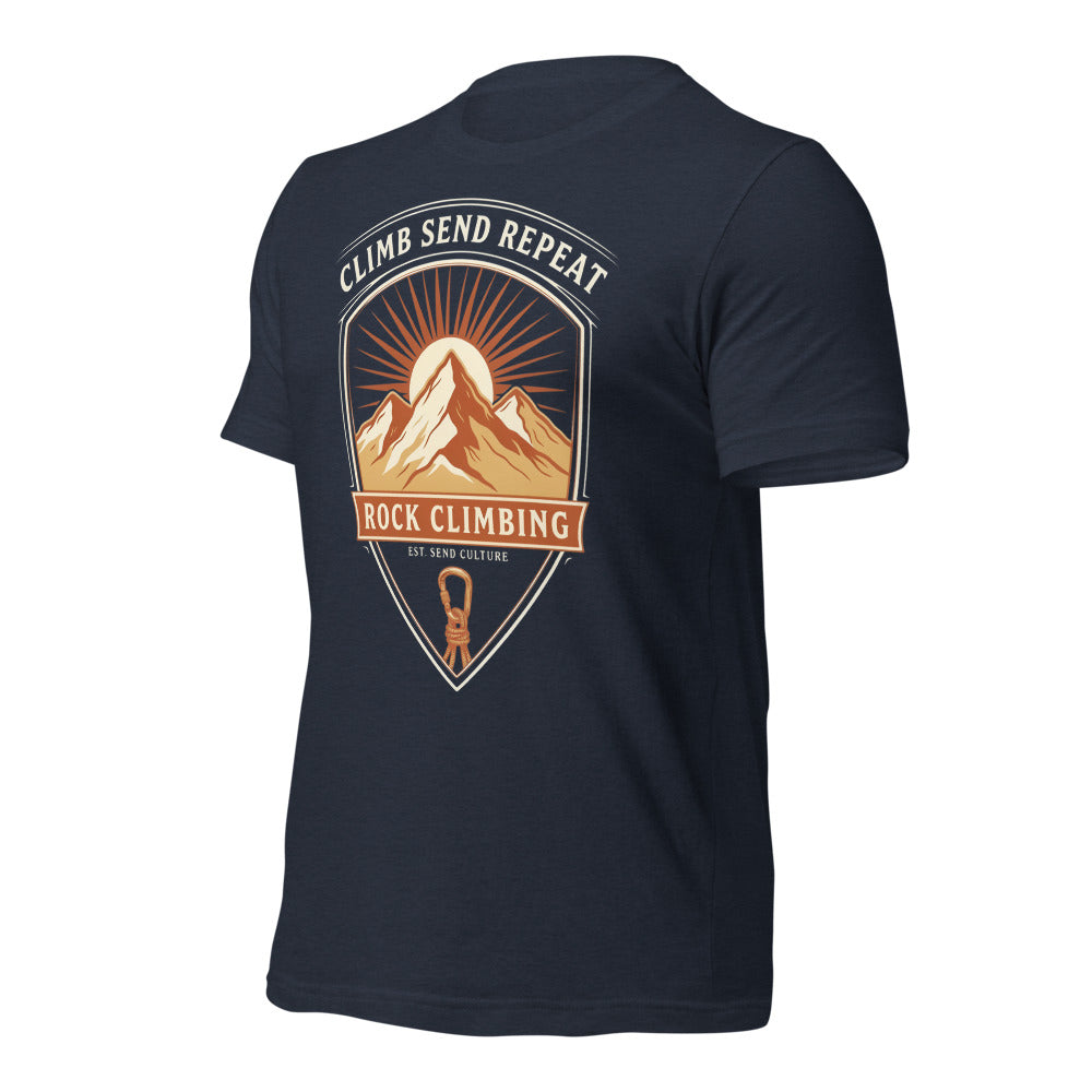 Climb Send Repeat mountaineering crest t-shirt — Heather Navy, front-right
