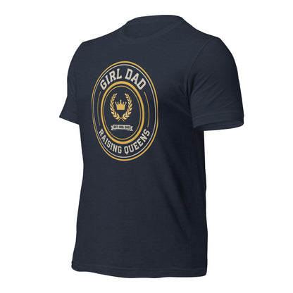 Girl Dad Raising Queens crest tee — Heather Navy, front-right