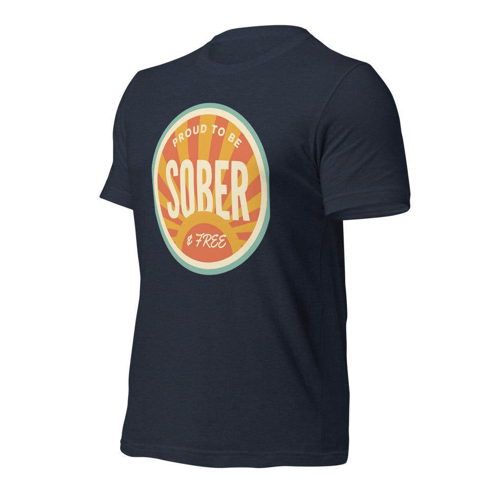 Sober & Proud retro sunburst tee — Heather Navy, front-right