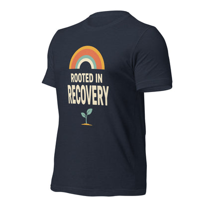 Rooted in Recovery retro rainbow tee — Heather Navy, front-right