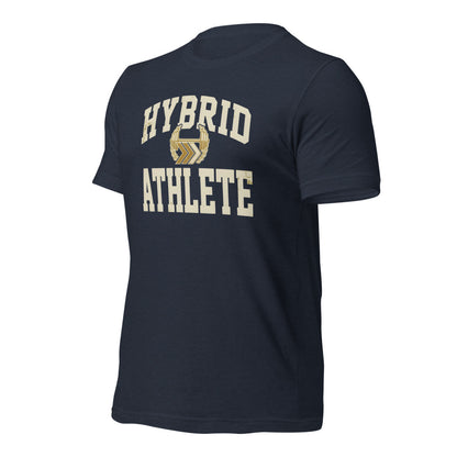 Hybrid Athlete vintage varsity tee — Heather Navy, front-right