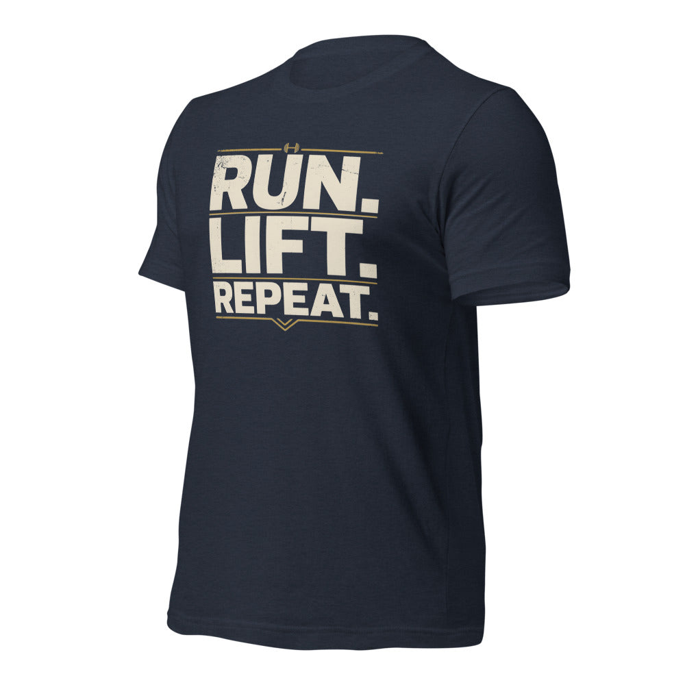 Run Lift Repeat vintage athletic tee — Heather Navy, front-right