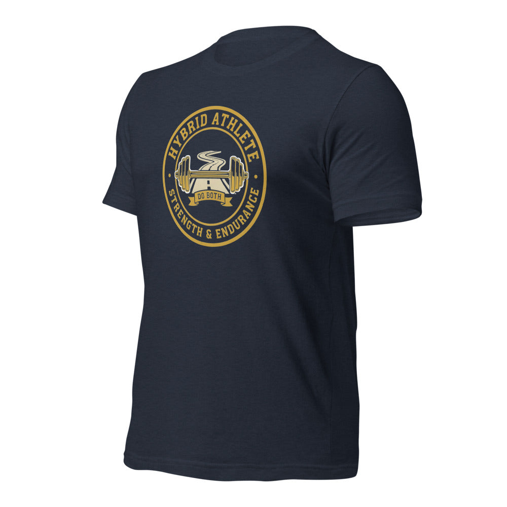 Hybrid Athlete vintage athletic-department crest tee — Heather Navy, front-right