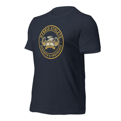 Hybrid Athlete vintage athletic-department crest tee — Heather Navy, front-right