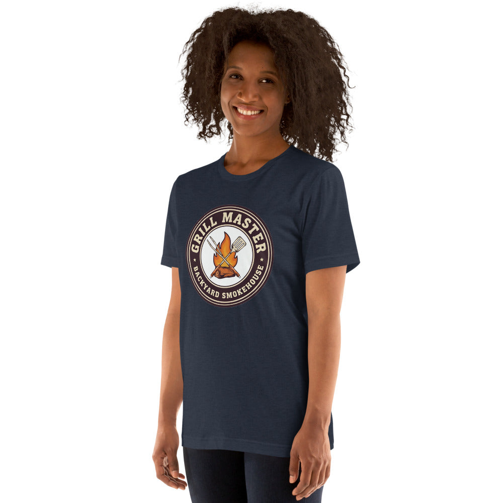 Grill Master retro backyard smokehouse tee — Heather Navy, on model