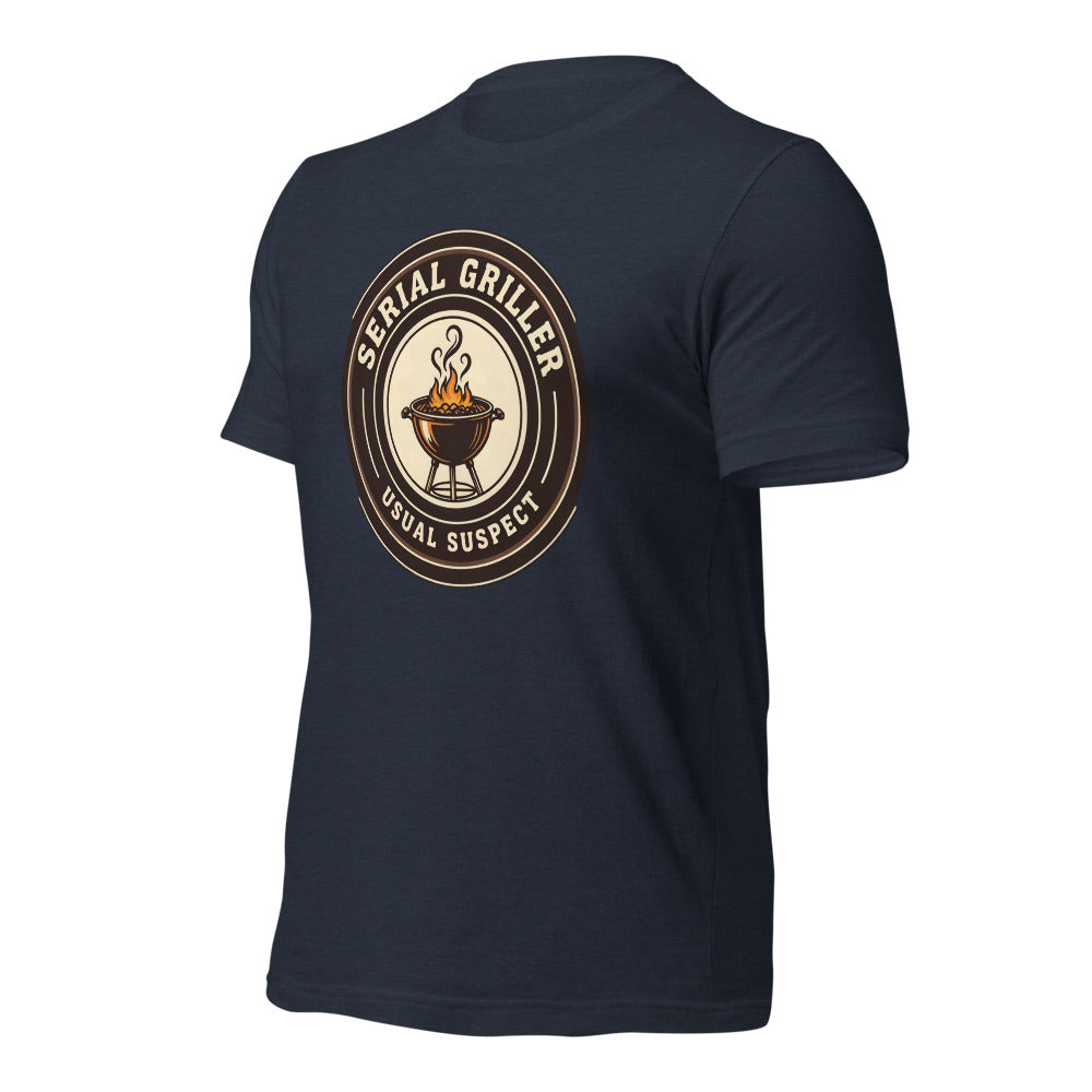 Serial Griller funny BBQ tee — Heather Navy, front-right
