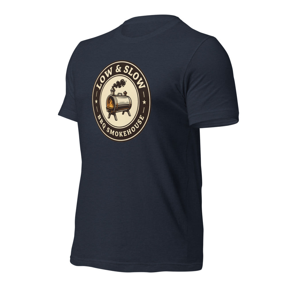 Low & Slow BBQ smoker tee — Heather Navy, front-right