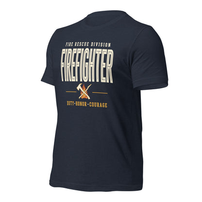 Firefighter collegiate wordmark retro fire-rescue tee — Heather Navy, front-right