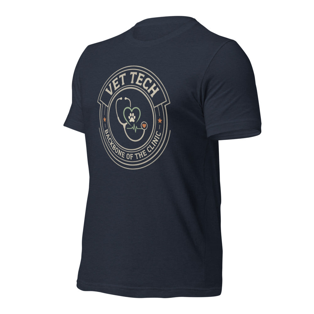 Vet Tech Crest retro veterinary technician tee — Heather Navy, front-right