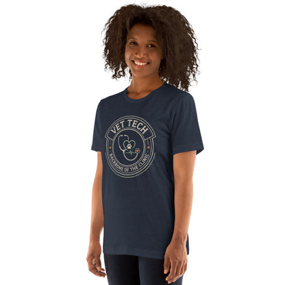 Vet Tech Crest retro veterinary technician tee — Heather Navy, on model