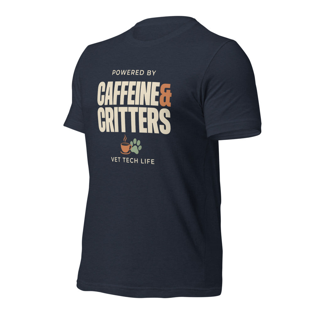 Powered by Caffeine & Critters funny vet tech tee — Heather Navy, front-right