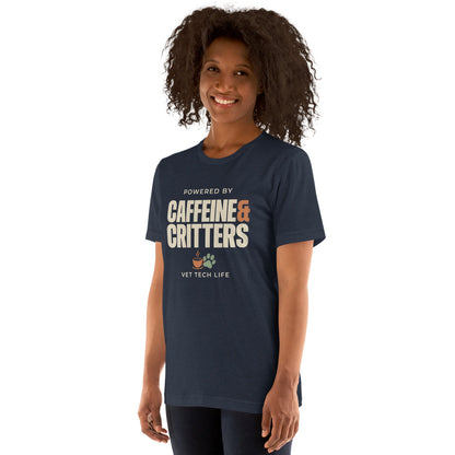 Powered by Caffeine & Critters funny vet tech tee — Heather Navy, on model