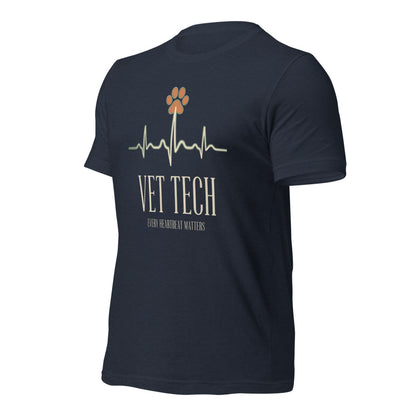 Every Heartbeat Matters minimalist vet tech tee — Heather Navy, front-right