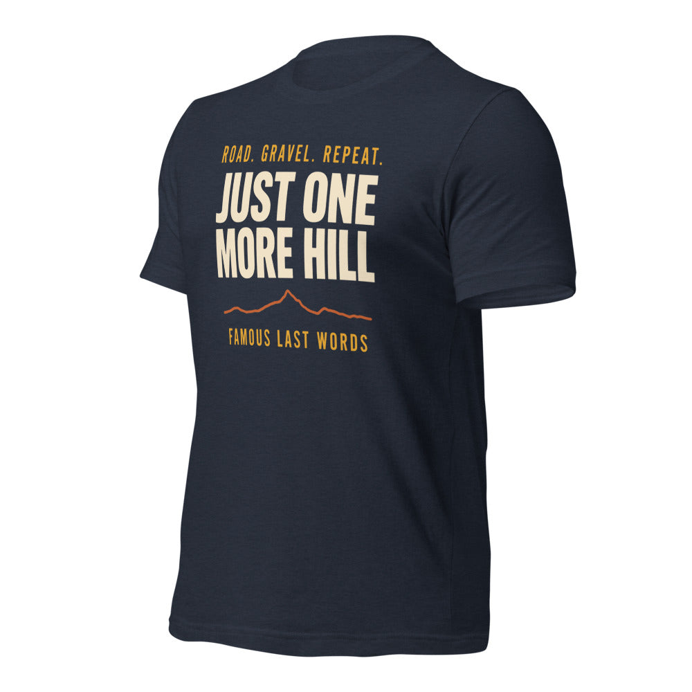 Just One More Hill retro cycling climb t-shirt — Heather Navy, front-right