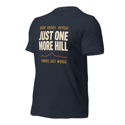 Just One More Hill retro cycling climb t-shirt — Heather Navy, front-right