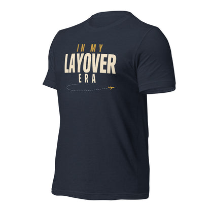 In My Layover Era flight attendant tee — Heather Navy, front-right