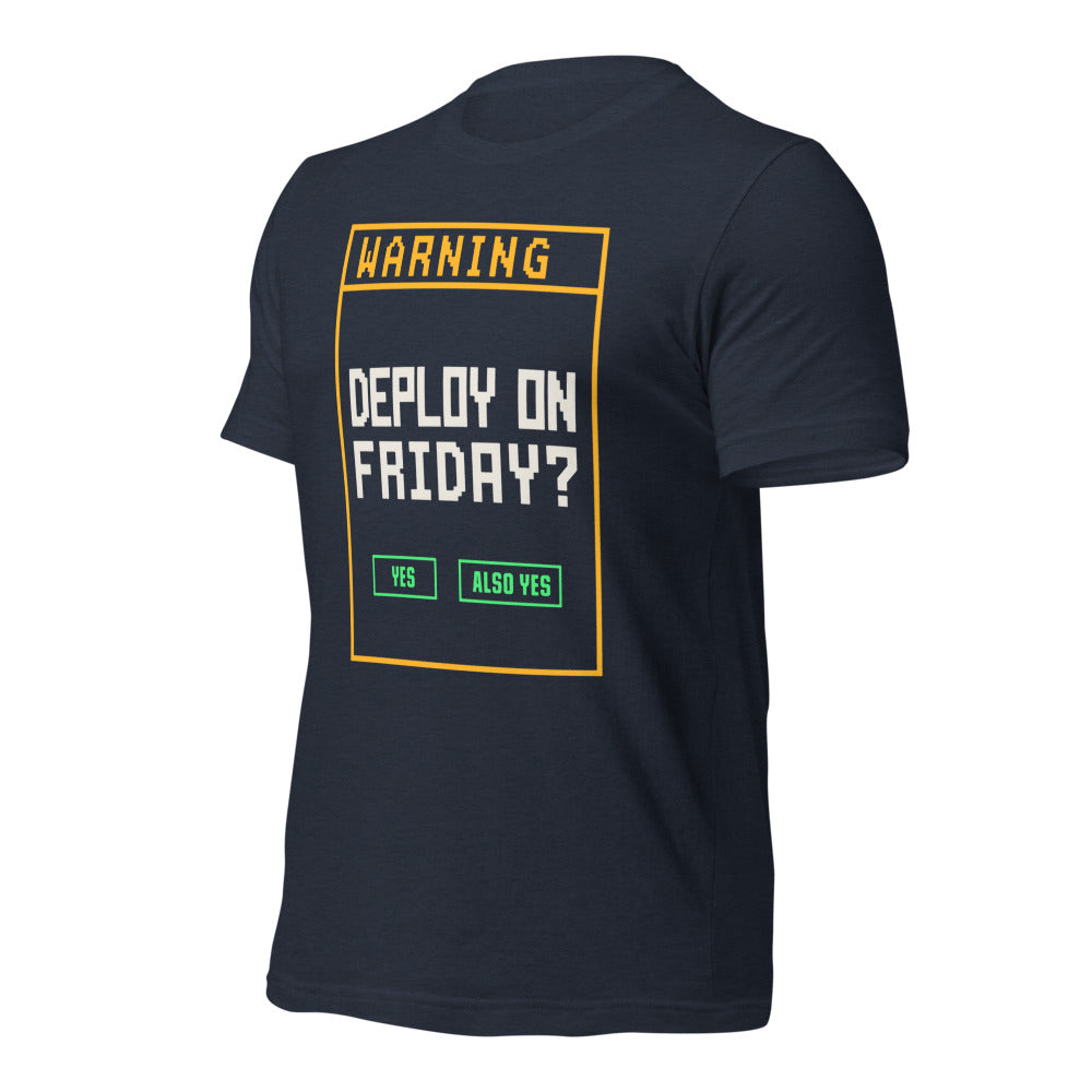Deploy On Friday programmer tee — Heather Navy, front-right