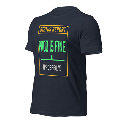 Prod Is Fine programmer tee — Heather Navy, front-right