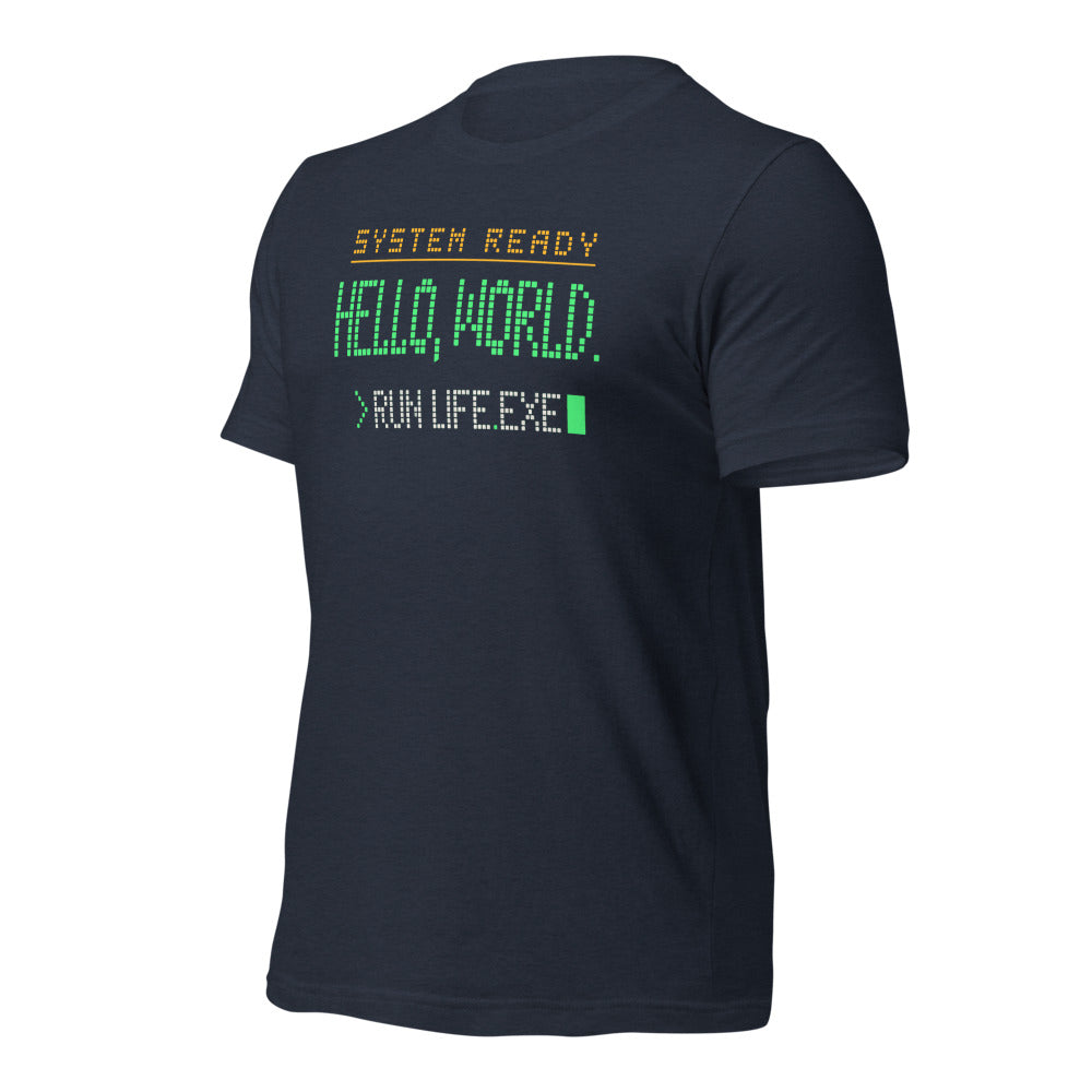 Hello World retro boot screen programmer tee — Heather Navy, front-right