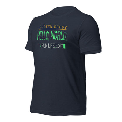 Hello World retro boot screen programmer tee — Heather Navy, front-right