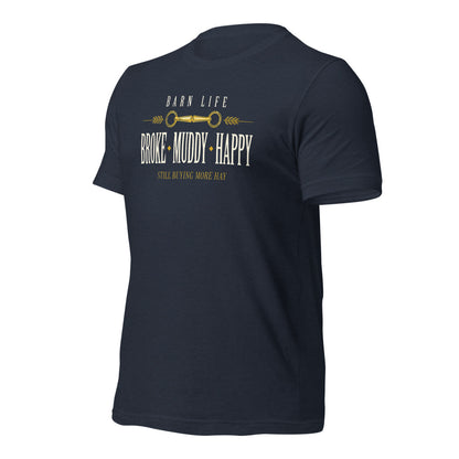 Broke Muddy Happy funny barn life equestrian t-shirt — Heather Navy, front-right