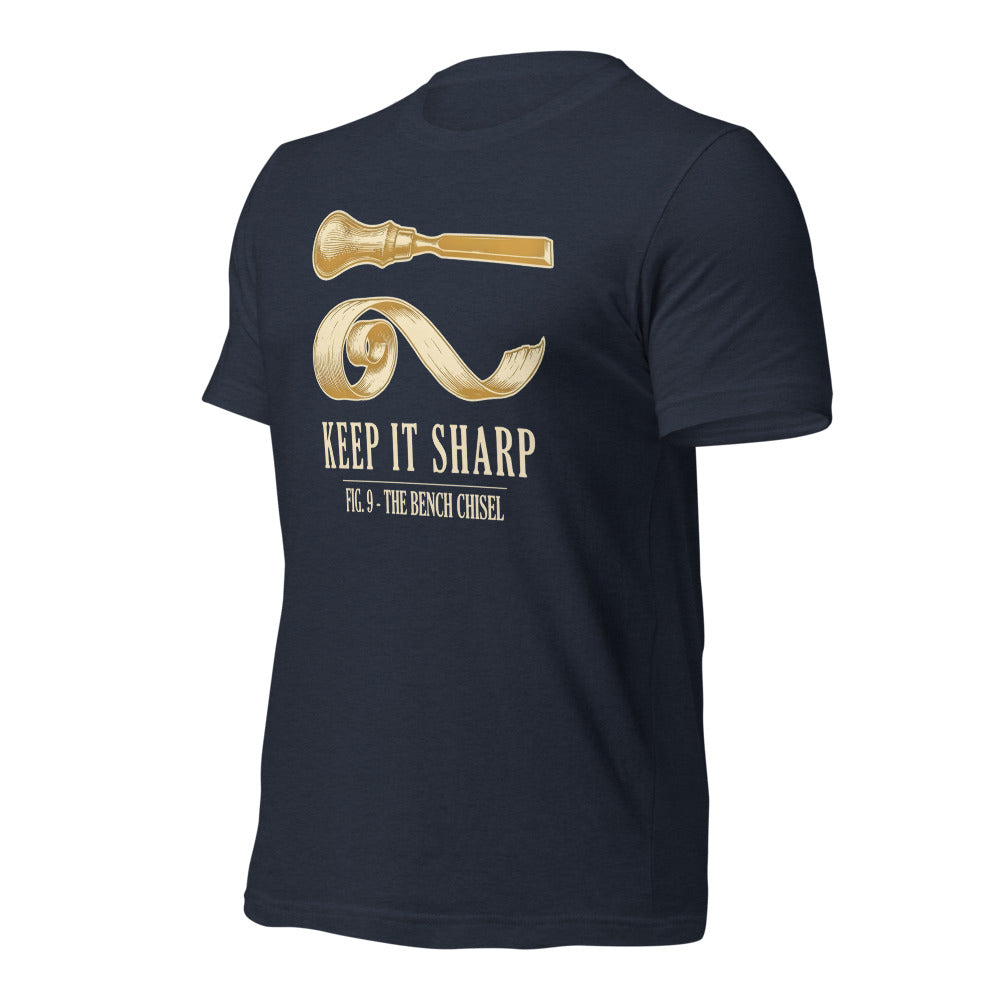 Keep It Sharp woodworking tee — Heather Navy, front-right