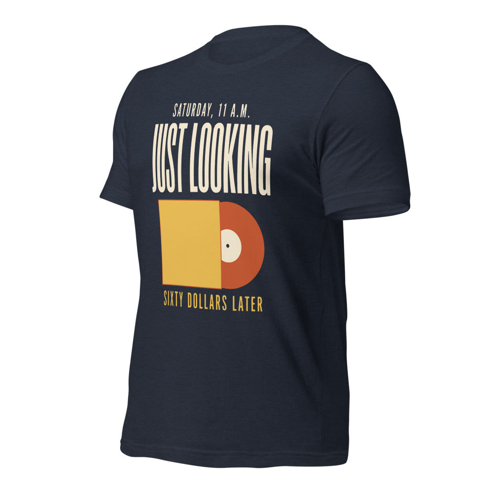 Just Looking Sixty Dollars Later vinyl record tee — Heather Navy, front-right