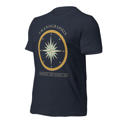 Uranographia vintage celestial chart astronomy tee — Heather Navy, front-right
