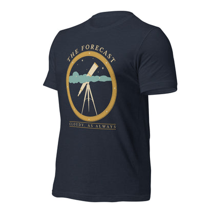 The Forecast Cloudy As Always funny astronomy tee — Heather Navy, front-right