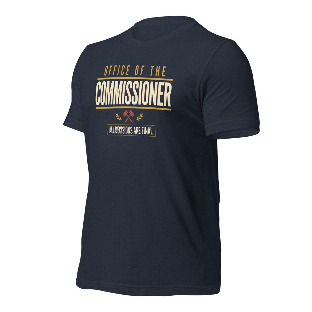 Office of the Commissioner fantasy football draft tee — Heather Navy, front-right
