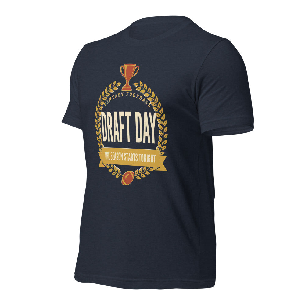 Draft Day Almanac vintage fantasy football draft tee — Heather Navy, front-right