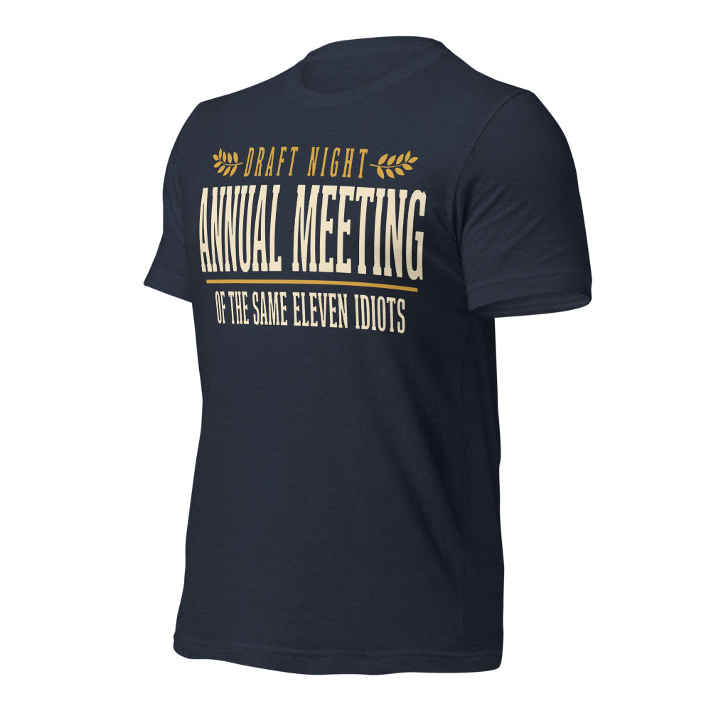 Annual Meeting of the Same Eleven Idiots funny fantasy football draft tee — Heather Navy, front-right