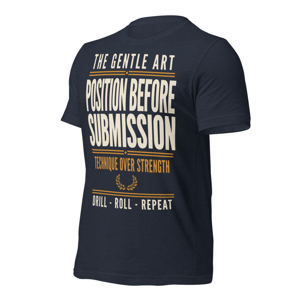 Position Before Submission Brazilian jiu jitsu t-shirt — Heather Navy, front-right