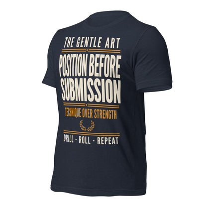 Position Before Submission Brazilian jiu jitsu t-shirt — Heather Navy, front-right