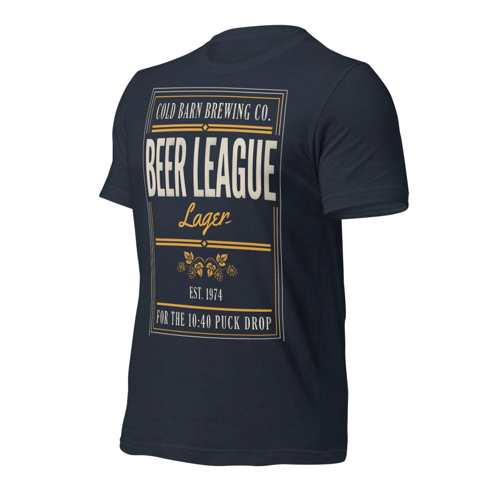 Beer League Cold Barn Brewing lager t-shirt — Heather Navy, front-right