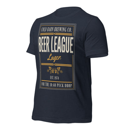 Beer League Cold Barn Brewing lager t-shirt — Heather Navy, front-right
