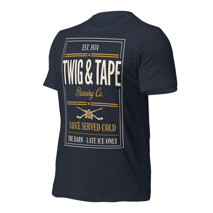 Twig and Tape Brewing Co. beer league hockey t-shirt — Heather Navy, front-right