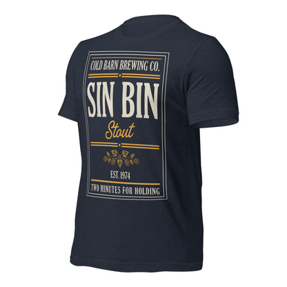Beer League Sin Bin Stout brewery label t-shirt — Heather Navy, front-right