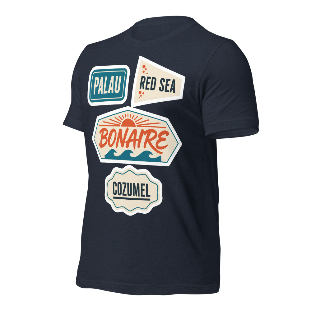 Vintage scuba diving dive sites travel decal t-shirt — Heather Navy, front-right