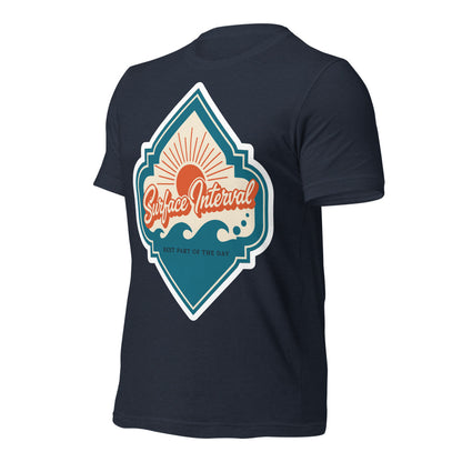 Surface Interval vintage scuba diving travel decal t-shirt — Heather Navy, front-right