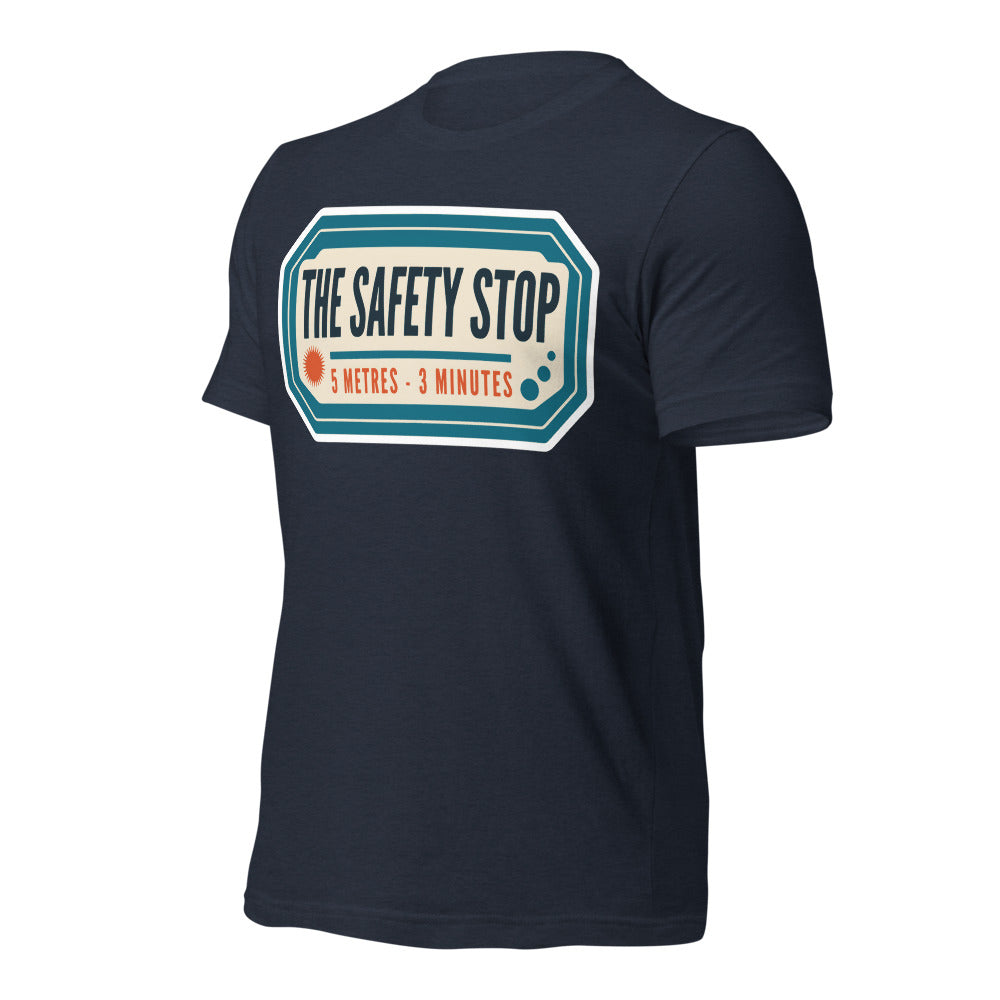 The Safety Stop vintage scuba diving travel decal t-shirt — Heather Navy, front-right