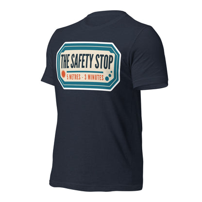 The Safety Stop vintage scuba diving travel decal t-shirt — Heather Navy, front-right