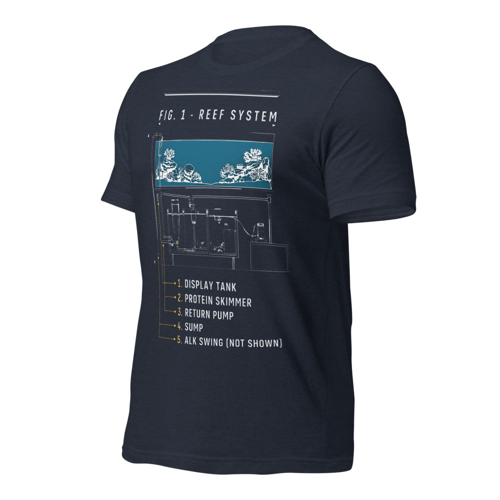Reef System technical cutaway saltwater aquarium t-shirt — Heather Navy, front-right