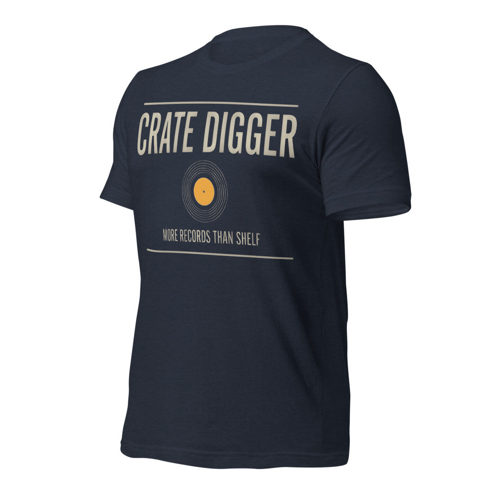Crate Digger vinyl record tee — Heather Navy, front-right