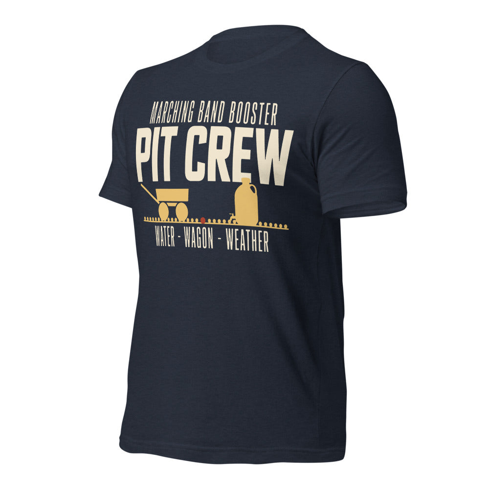 Pit Crew marching band booster t-shirt — Heather Navy, front-right