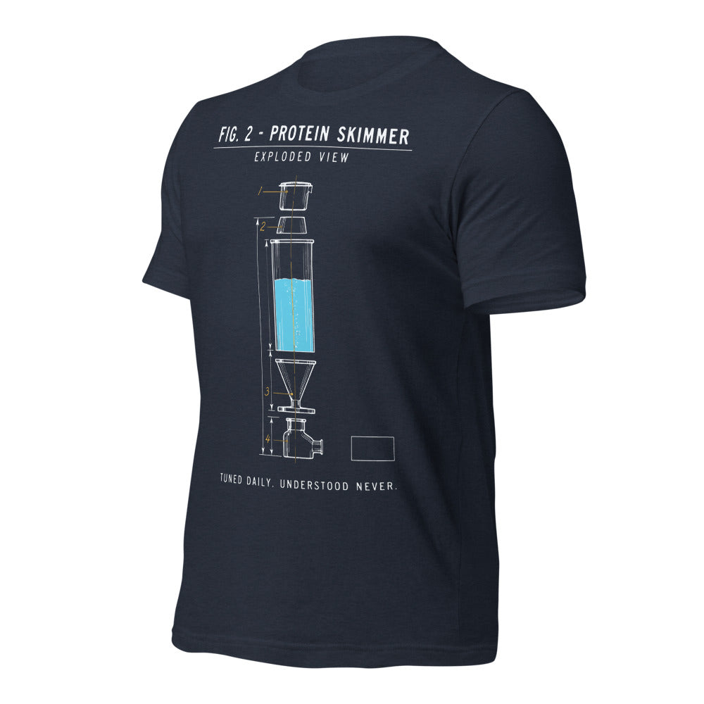 Protein Skimmer Exploded View reef tank saltwater aquarium t-shirt — Heather Navy, front-right