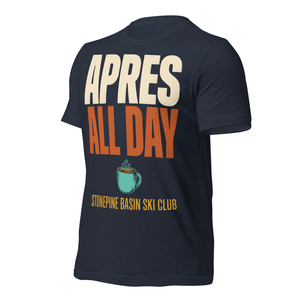 Après All Day Stonepine Basin Ski Club retro apres-ski t-shirt — Heather Navy, front-right